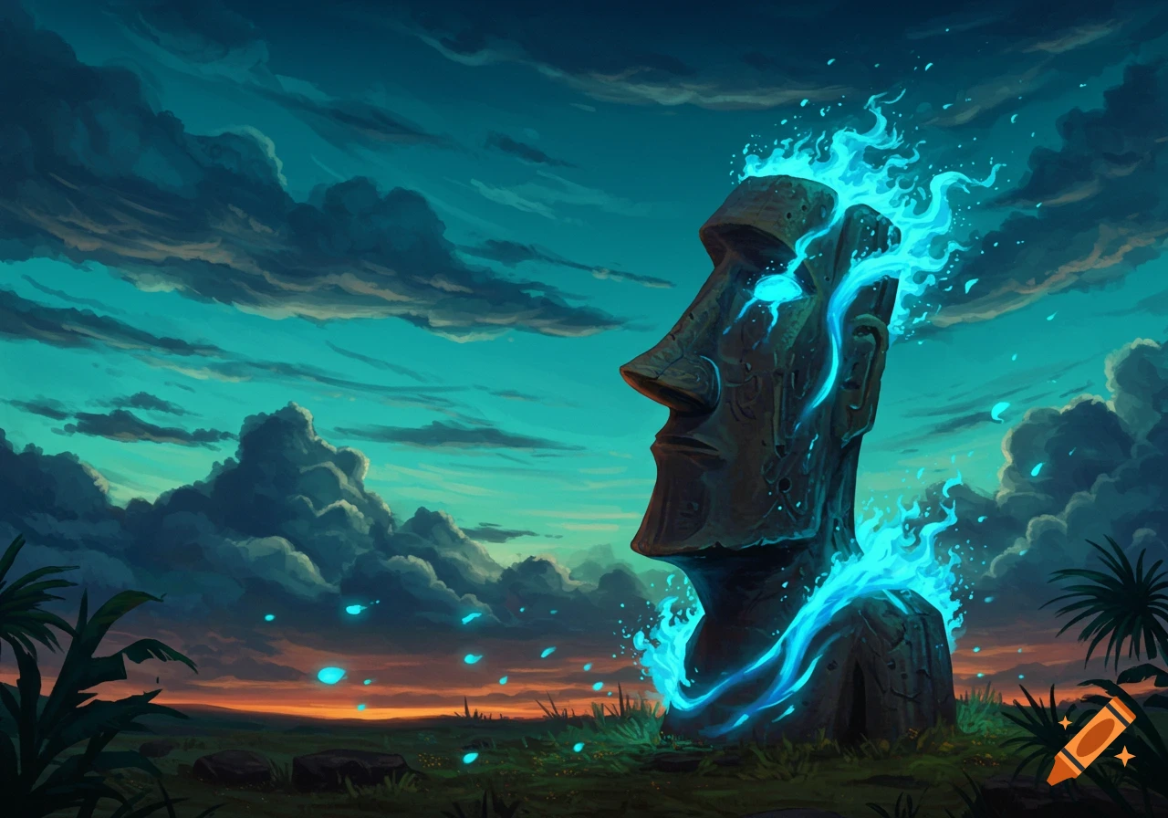 Stylized illustration of an Easter Island-style stone statue with blue flames, in a grassy landscape under a dramatic sunset sky.