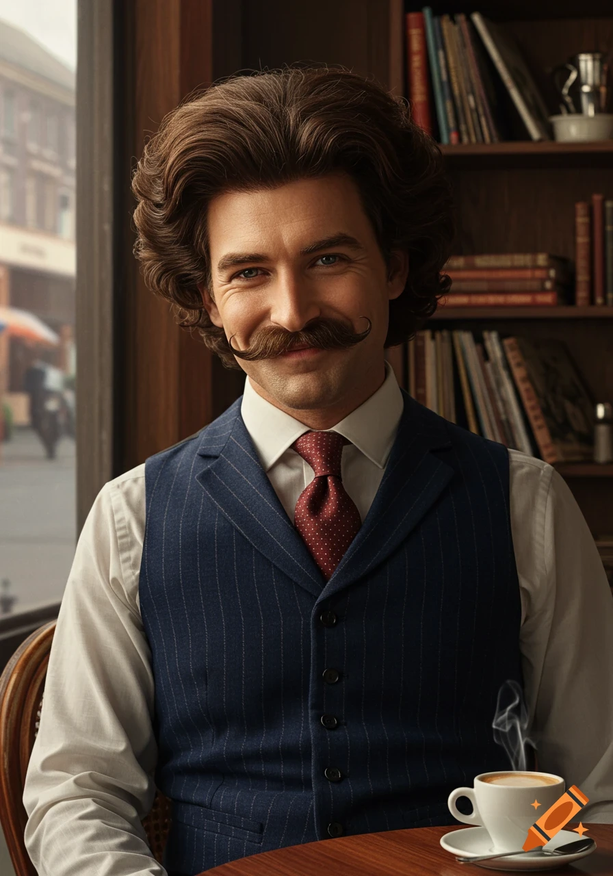 A smiling man with a large curly mustache and voluminous hair, wearing a pinstripe vest, sits at a cafe table with a steaming coffee.