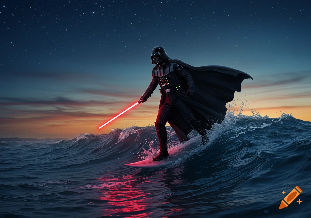 Darth Vader surfs on a surfboard across dark ocean waves at sunset, holding a glowing red lightsaber that reflects on the water.