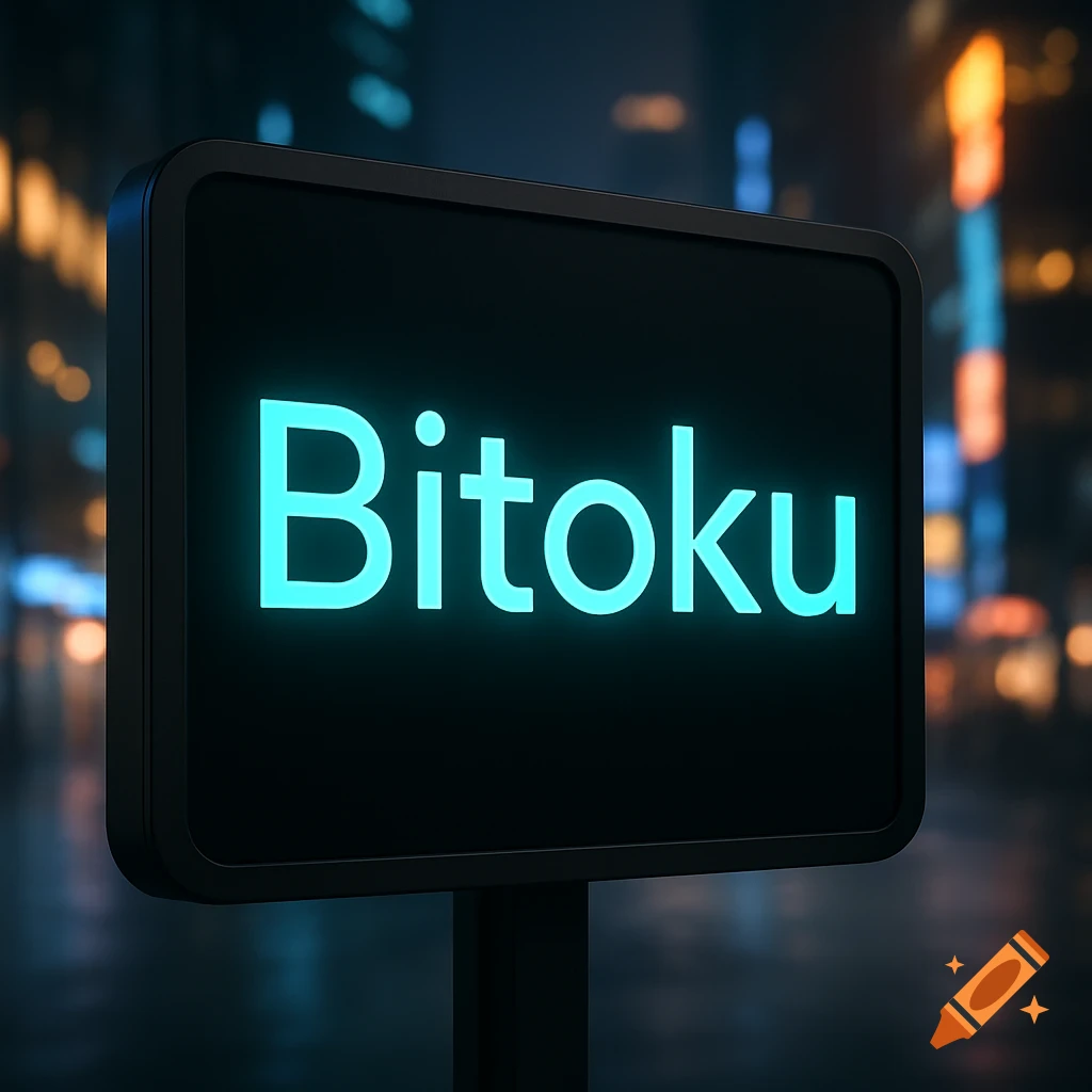 A glowing neon sign displaying 'Bitoku' against a blurred, dark city background at night.