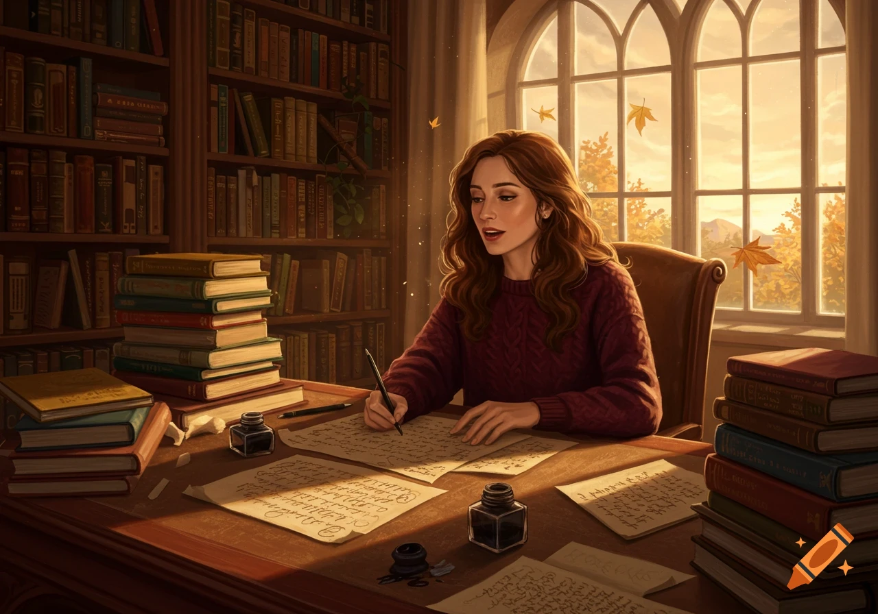An illustration of a woman with long brown hair in a maroon sweater writing at a wooden desk in a cozy library, with stacks of books and an inkwell. Golden light from a large arched window fills the room, with autumn leaves outside and floating indoors.