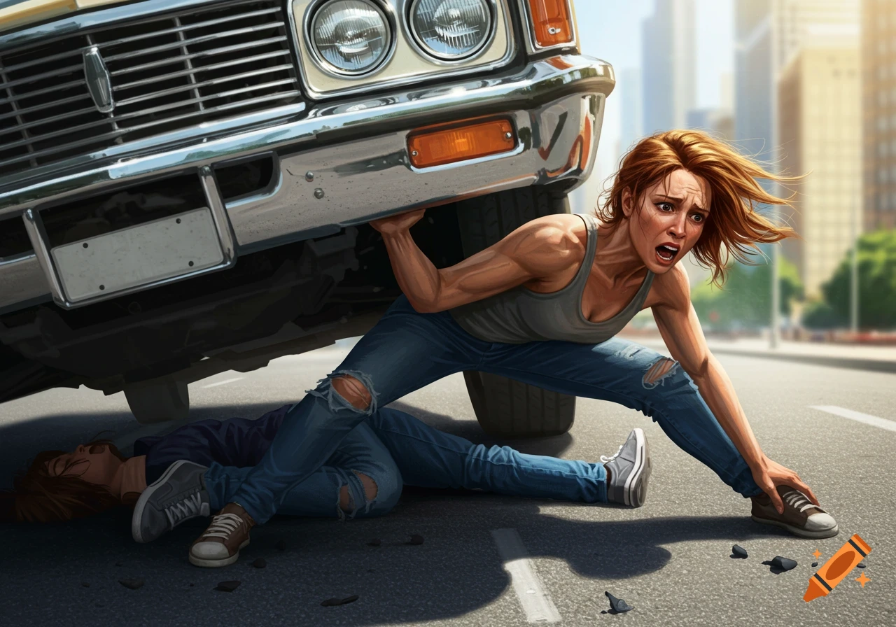 A horrified woman strains to lift the front of a car on a city street, rescuing a person trapped underneath.