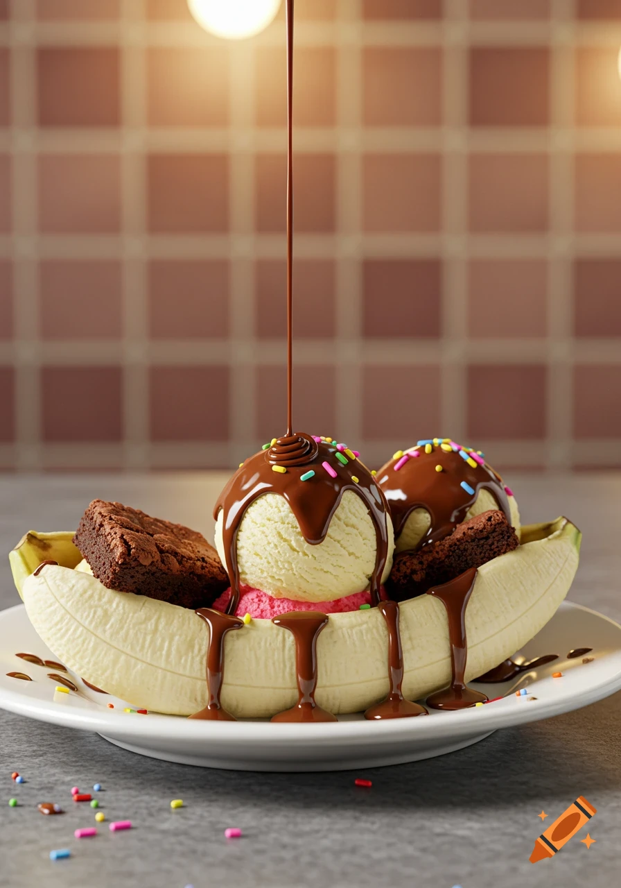A banana split with vanilla and pink ice cream, brownies, colorful sprinkles, and chocolate syrup being drizzled over it on a white plate.