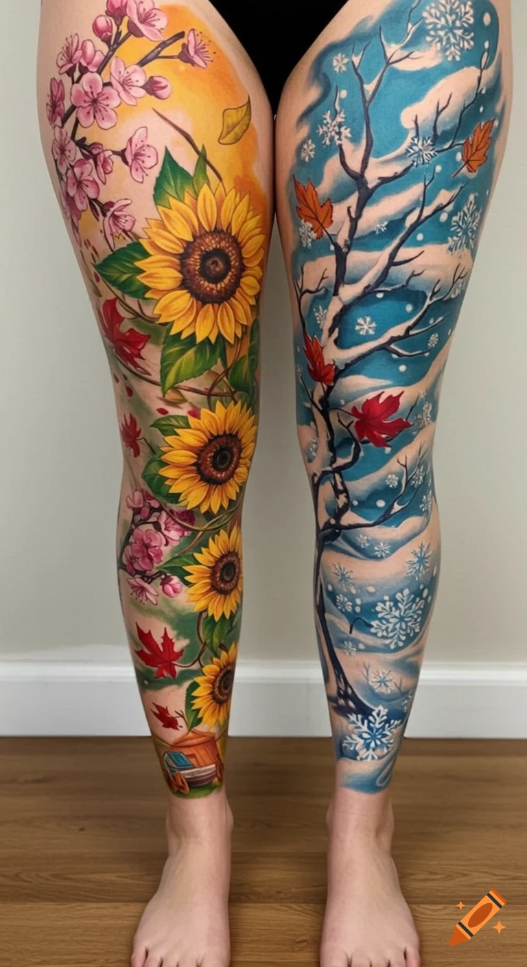 A person's legs covered in colorful tattoos. The left leg features spring/summer flowers like sunflowers and cherry blossoms, while the right leg depicts a snowy winter scene with bare trees and snowflakes.