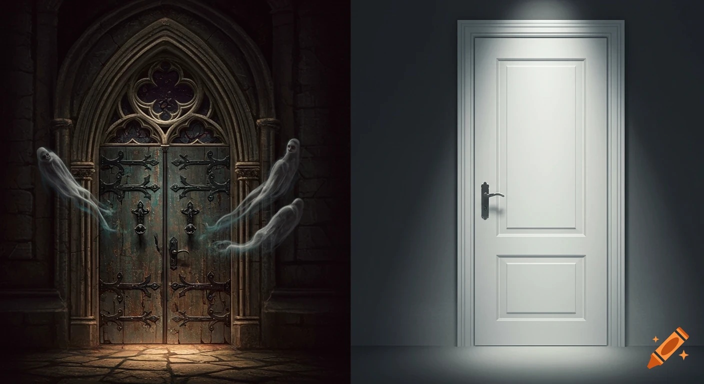 A split image shows an ancient gothic door with floating ghosts on the left and a modern white door on the right.