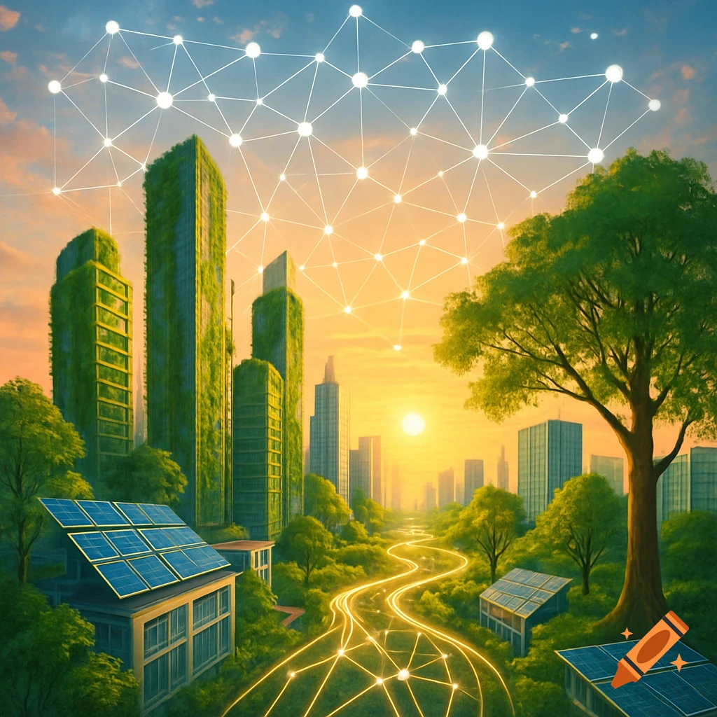 A vibrant, futuristic green city at sunset with solar-paneled buildings, lush trees, and a glowing digital network overlaying the sky and ground.