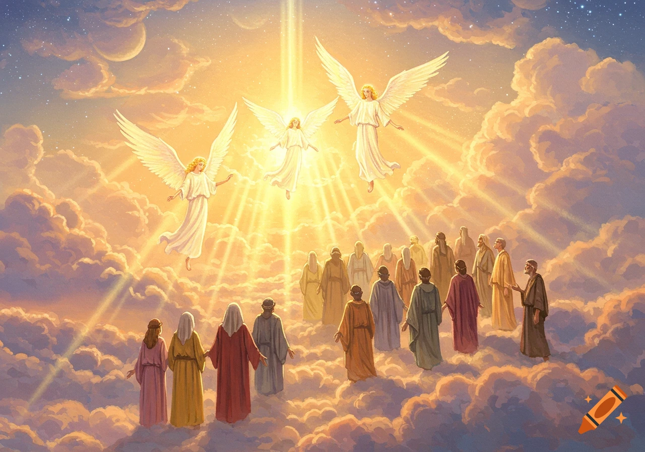 Angels float above people in sunlit clouds with golden light rays beaming down.