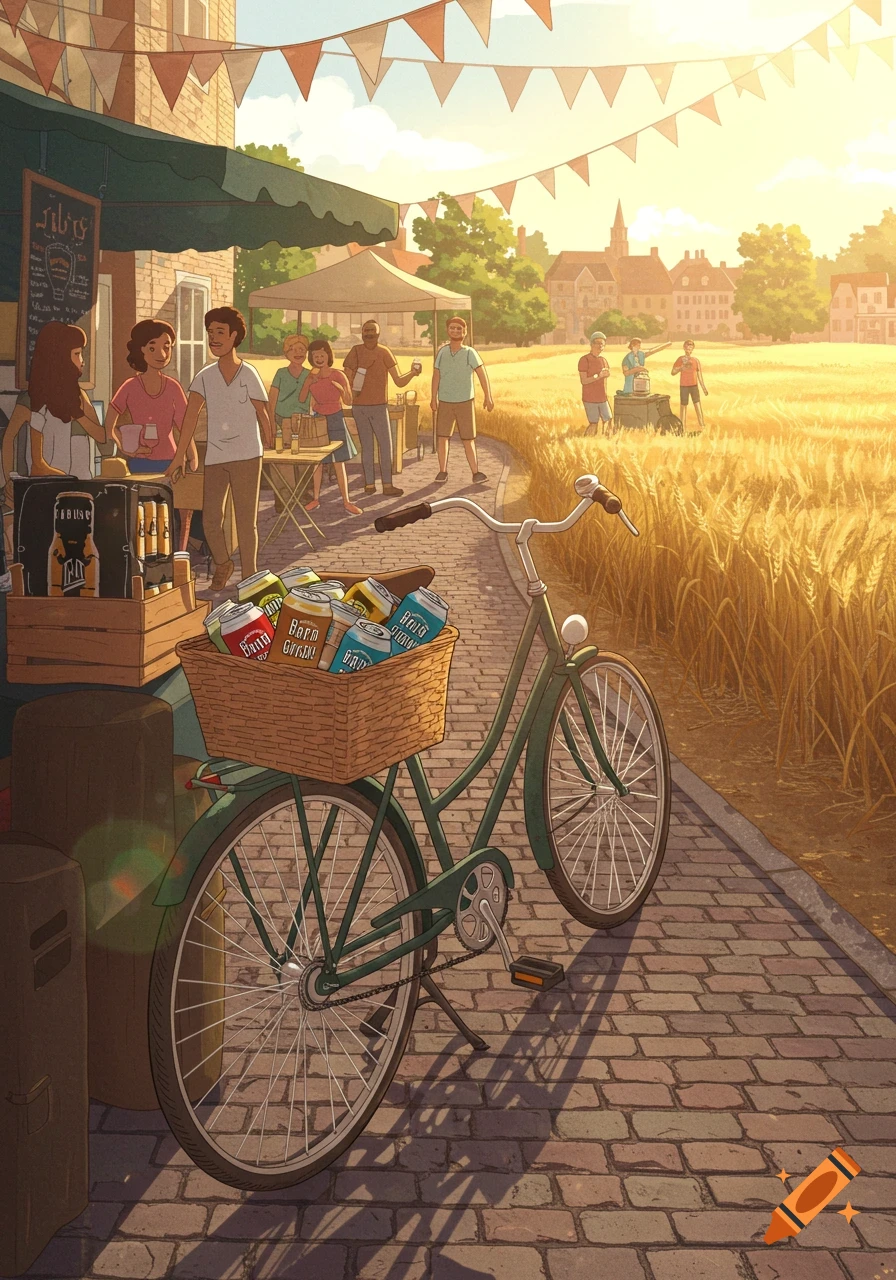 An illustration of an outdoor market in a village with people, a bicycle carrying beer cans, and wheat fields under a sunny sky.
