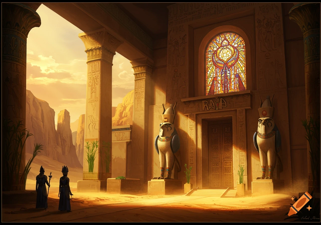 A grand Egyptian-style temple with columns, Horus statues, and a stained glass window, two figures in a desert sunset.