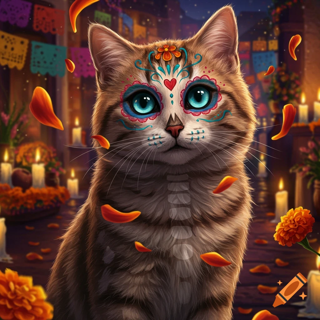 A brown tabby cat with blue Dia de los Muertos skull face paint and glowing blue eyes, surrounded by candles and marigolds.
