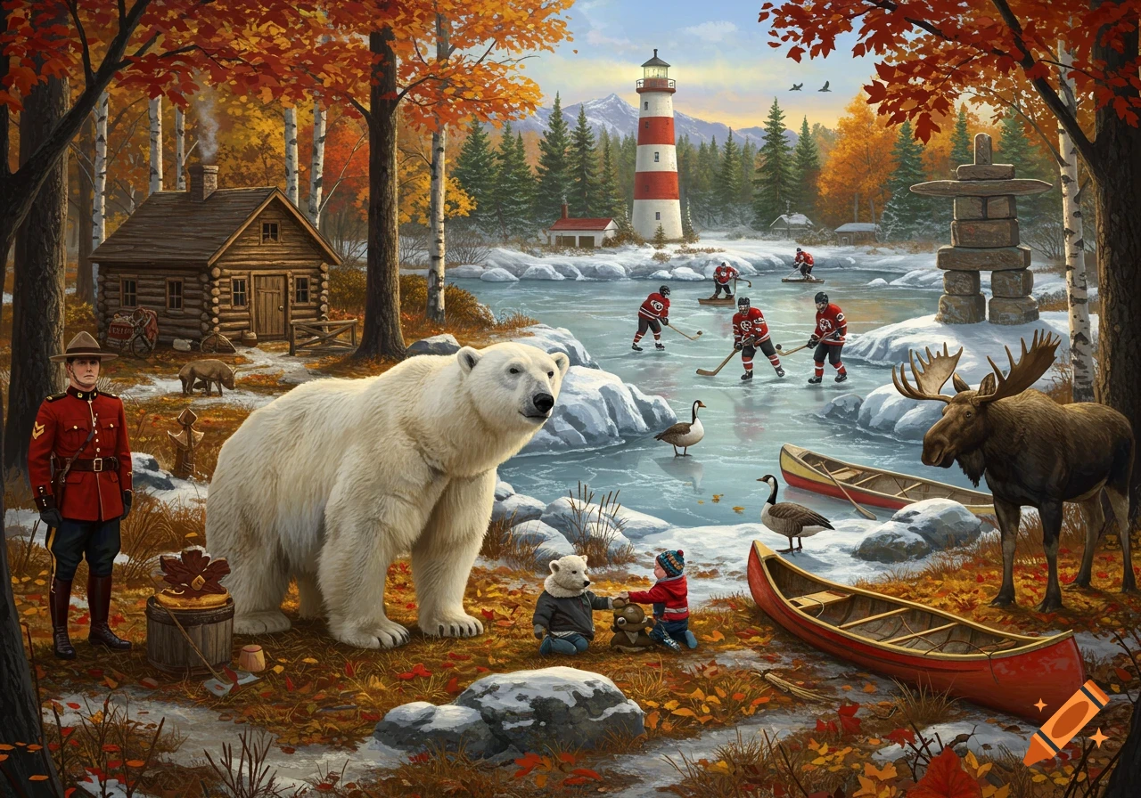 An idyllic Canadian landscape painting with autumn trees, a log cabin, lighthouse, and frozen lake with hockey players. A polar bear, moose, RCMP officer, and child play amidst the snowy, colorful scenery.