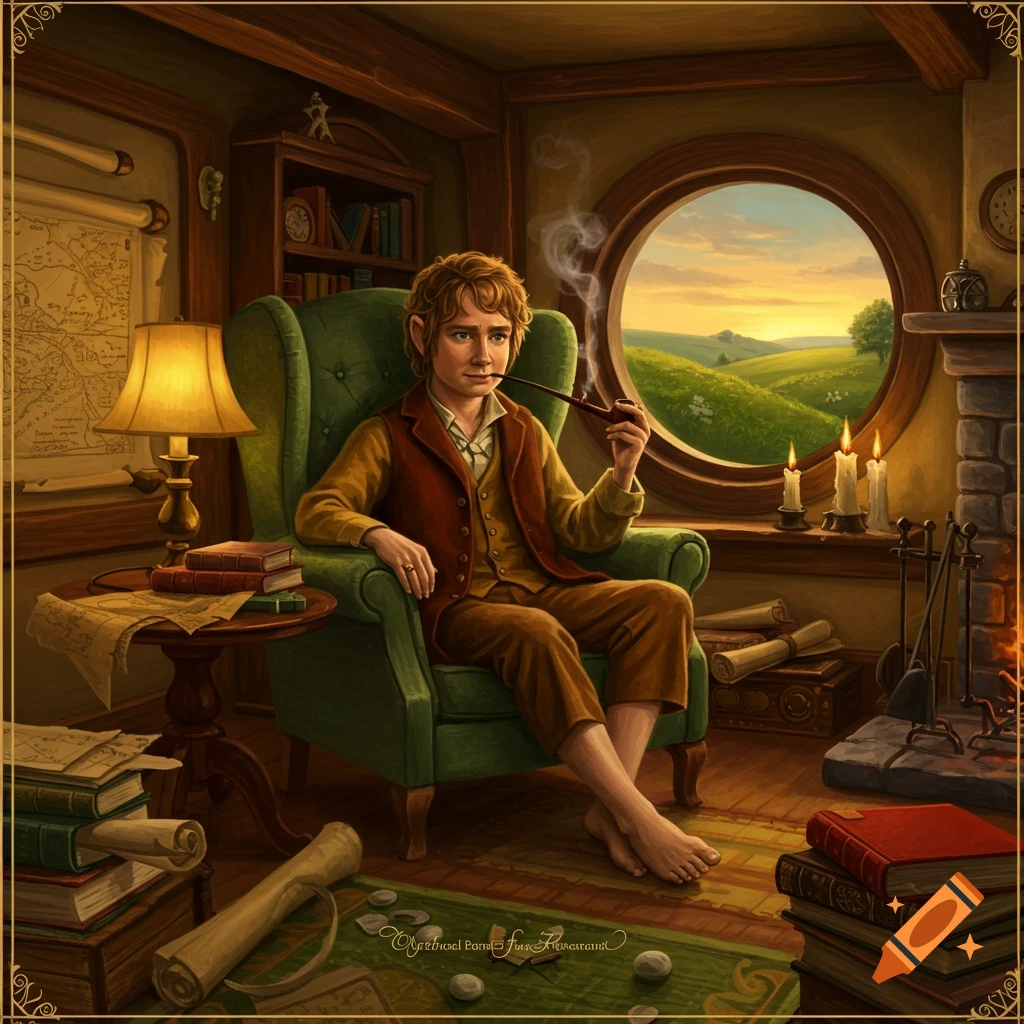 A cozy illustration of a Hobbit-like man with a pipe, seated in a green armchair by a round window overlooking a green landscape.