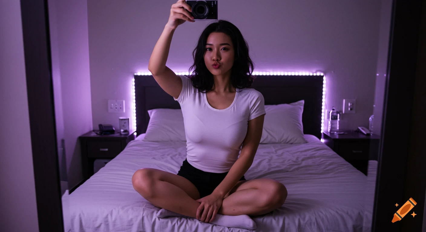 Young woman with wavy black bob cut, puckered lips, sitting cross-legged on a bed with purple LED lights, taking a selfie with a camera.