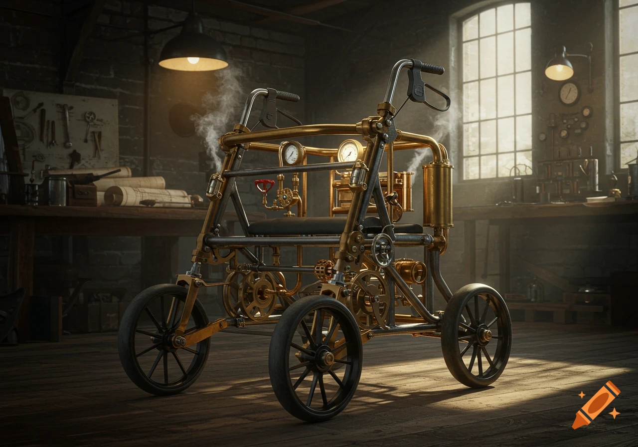 A detailed steampunk-style old person's walker with brass pipes, gears, and gauges, emitting steam, in a dimly lit workshop.
