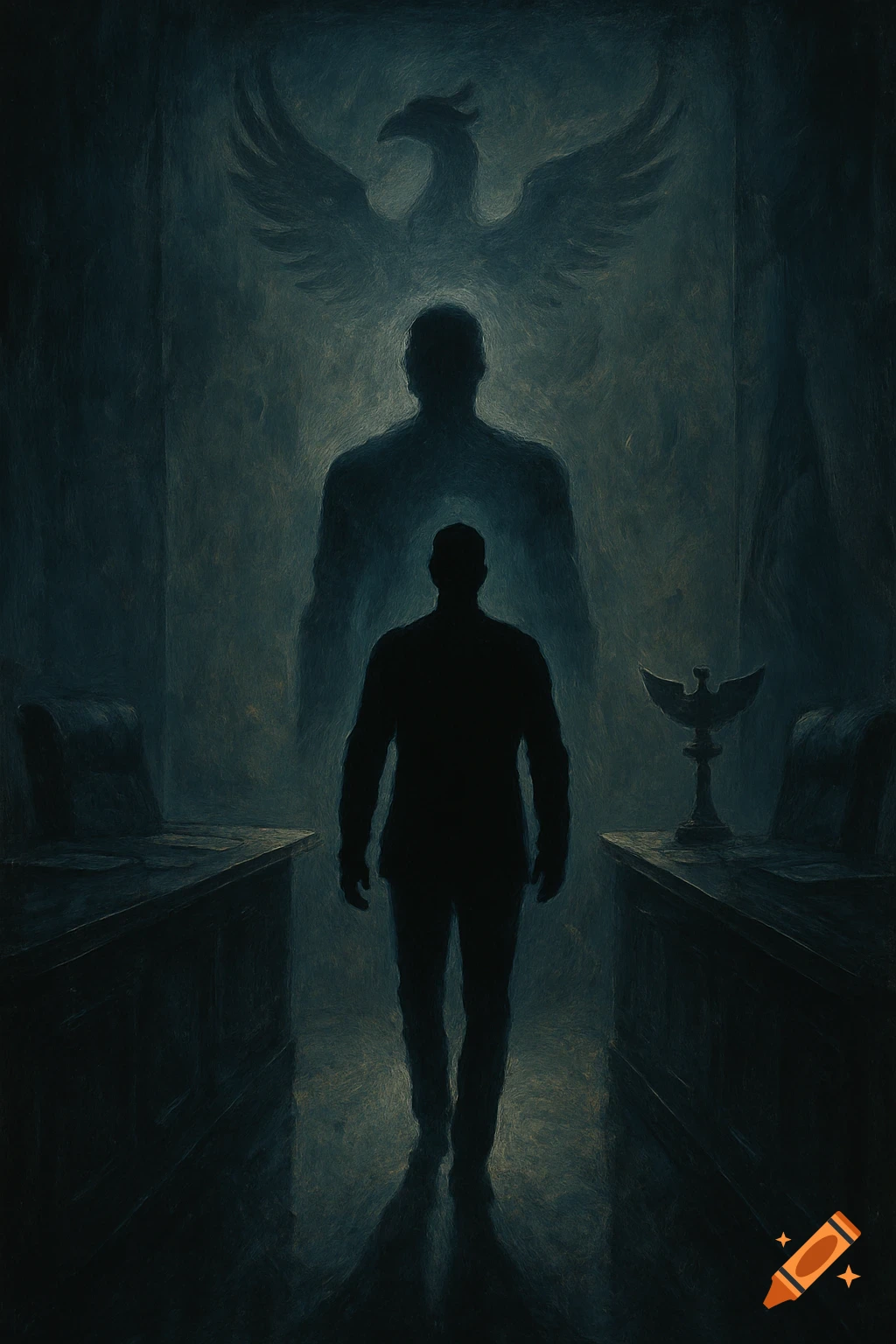 A dark digital painting of a man's silhouette walking past a large shadow and a phoenix emblem, with desks on each side.