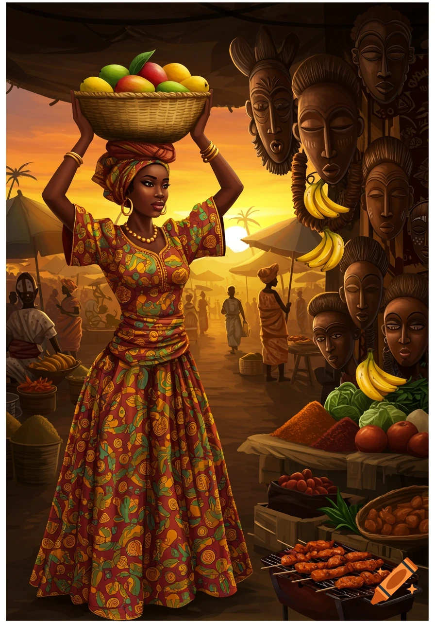 Illustration of an African woman carrying a fruit basket on her head in a bustling market at sunset, surrounded by masks and goods.