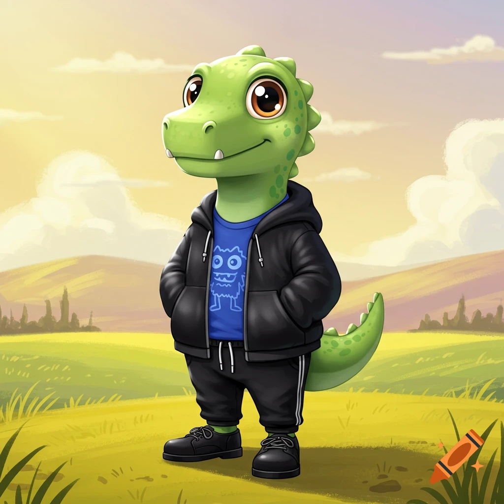 A friendly green cartoon dinosaur wearing a black hoodie, blue monster t-shirt, black sweatpants, and black shoes stands in a grassy field.