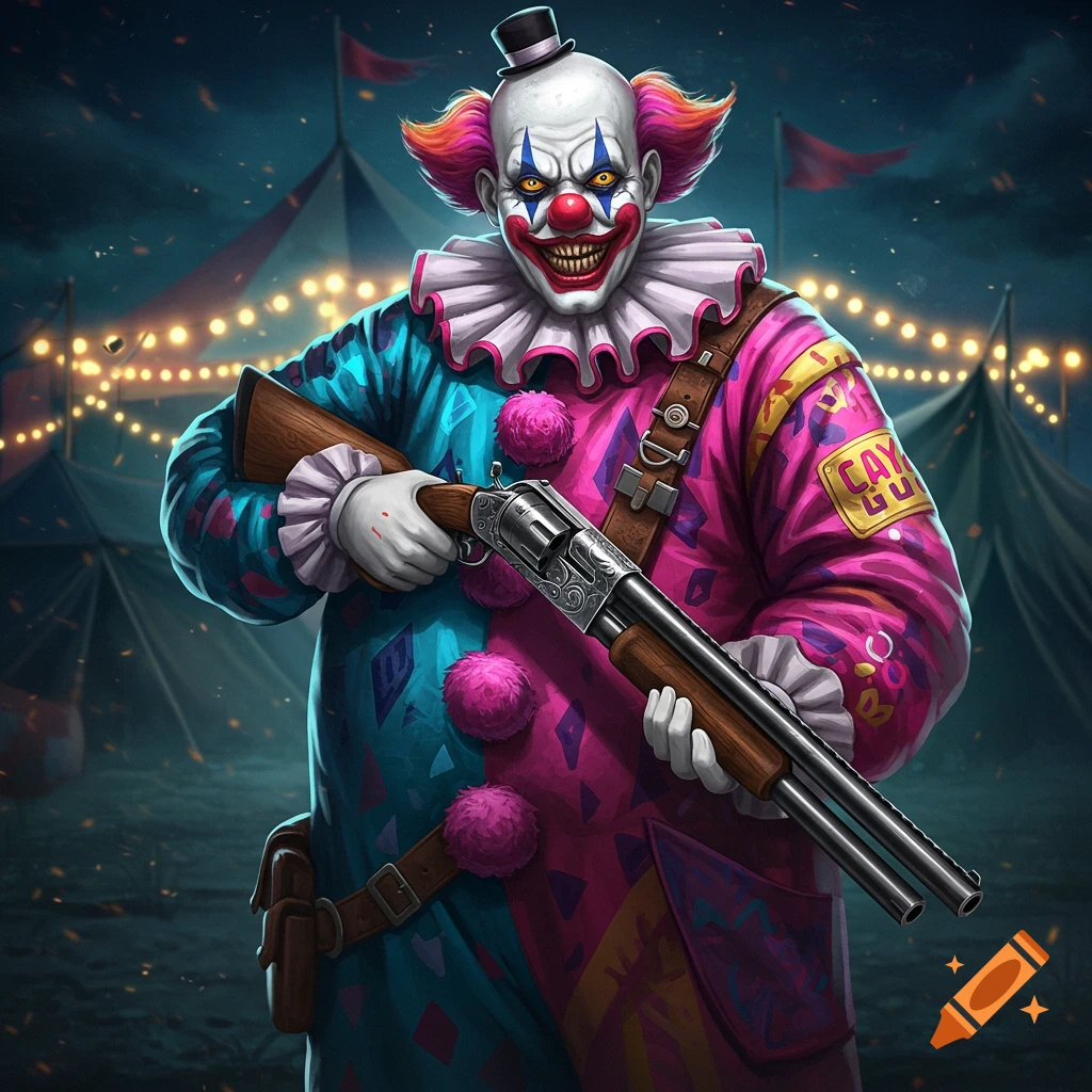 A creepy clown with a painted white face, red smile, and pink and blue outfit holds a shotgun in a dark circus at night.