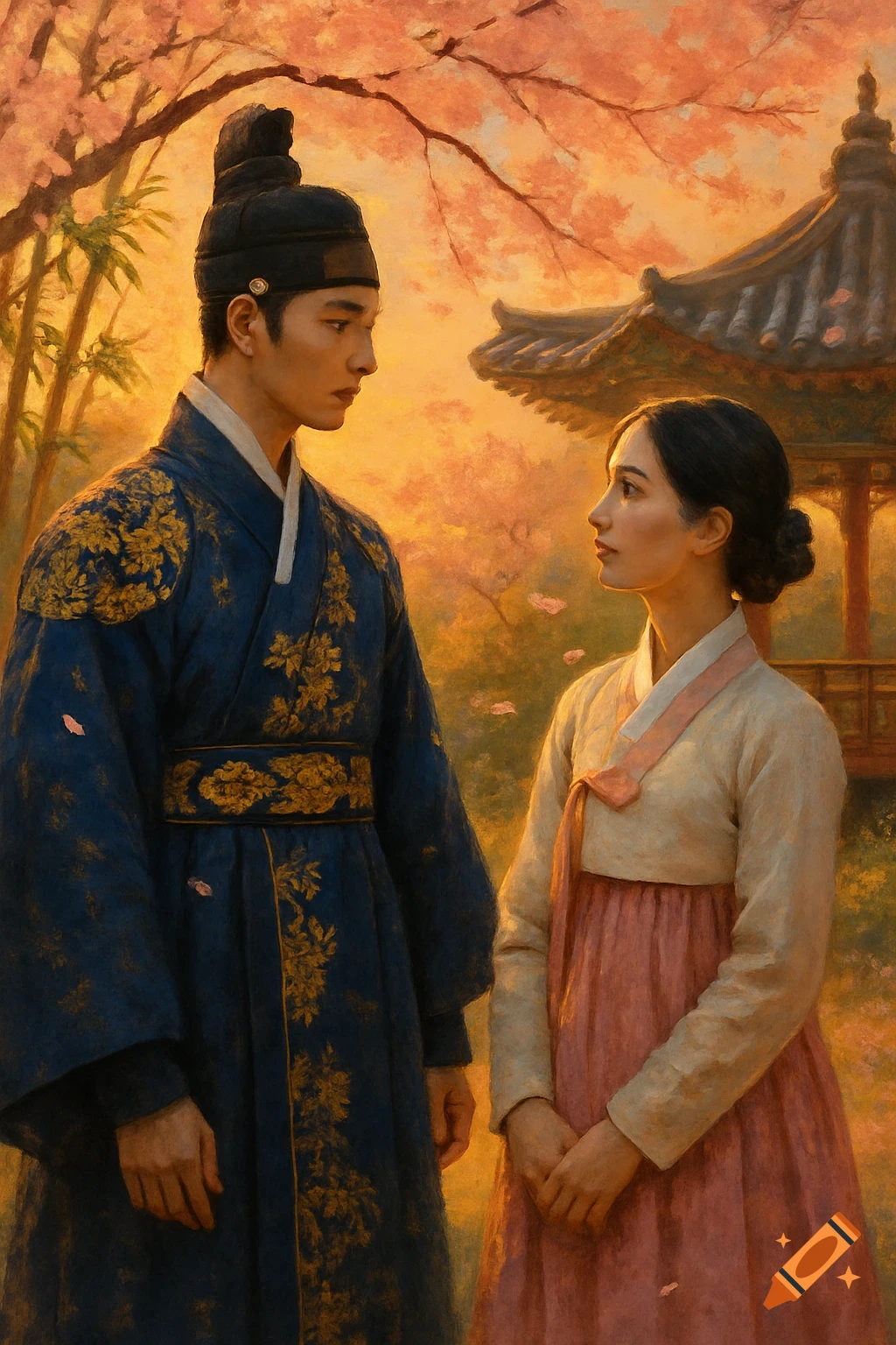 Man and woman in traditional Korean outfits gaze in a cherry blossom garden with a classical building at sunset, painterly style.