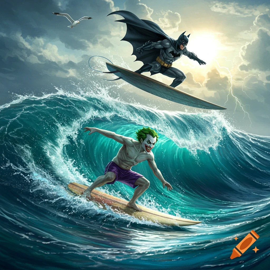 Batman on a surfboard flying over the Joker, who is surfing below on a large ocean wave under a dramatic sky.