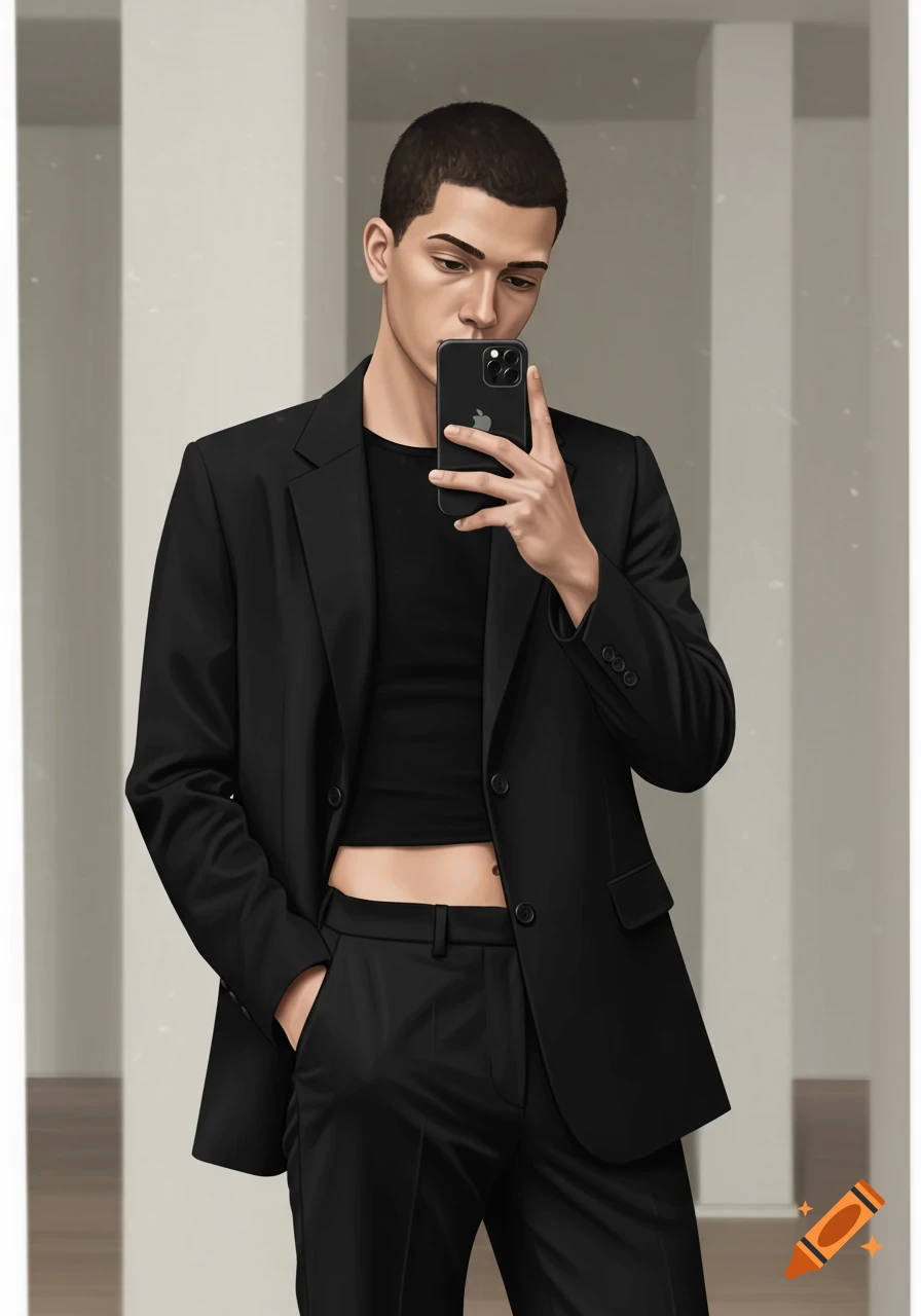 A young man in a black crop top, blazer, and tailored pants takes a mirror selfie with an iPhone. Photorealistic style.