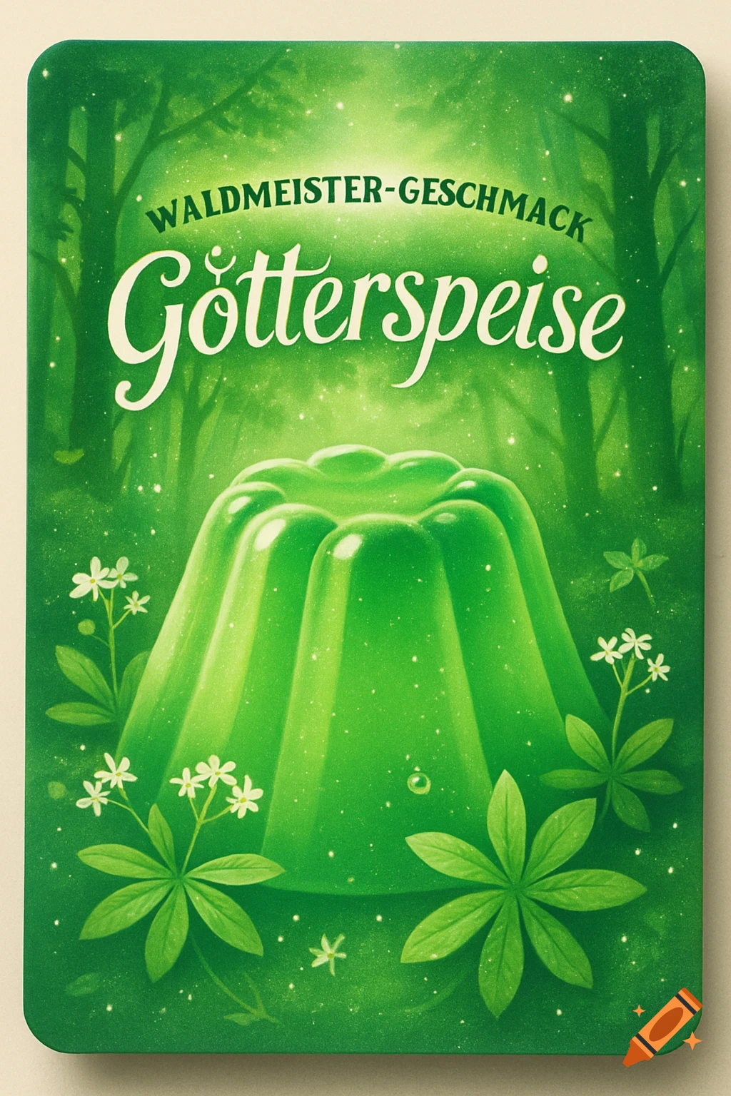 Green vintage packaging design for Waldmeister Götterspeise (woodruff jelly) with a forest background and glowing particles.