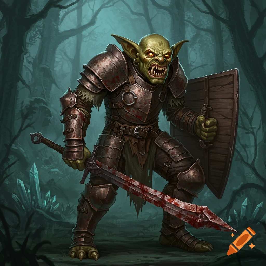 A menacing goblin warrior in blood-splattered armor holds a bloody sword and shield in a dark, mystical forest. Detailed digital art.