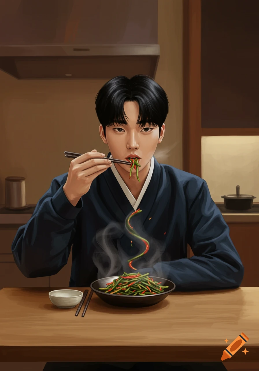 Young Korean man in a dark blue hanbok eating spicy green vegetables with chopsticks from a steaming bowl, digital illustration.