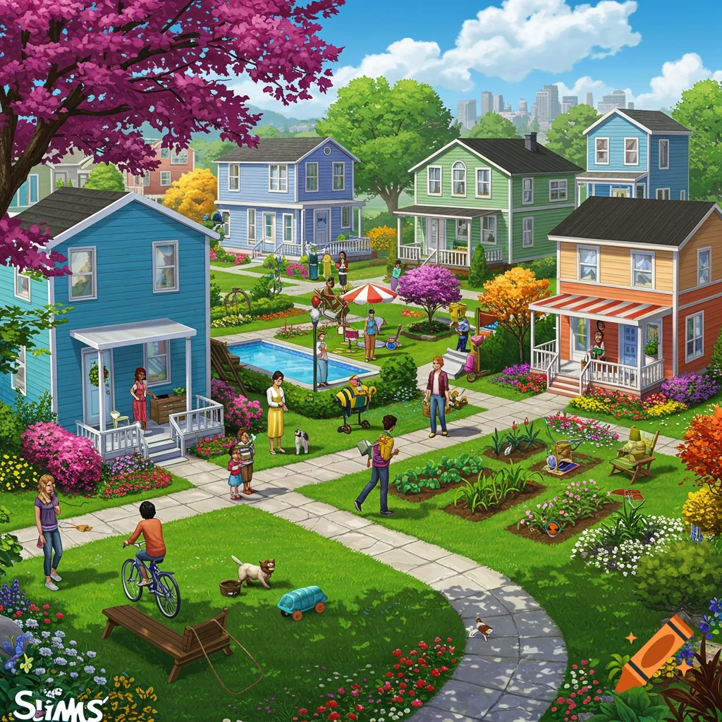 Colorful isometric view of a vibrant suburban neighborhood with houses, people, a pool, and gardens, in a game art style.