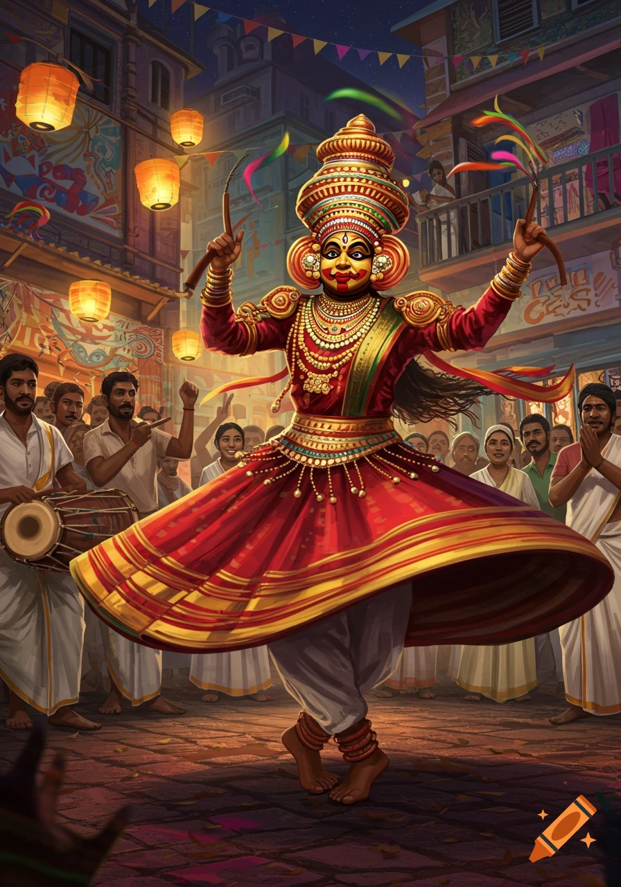A vibrant painting of a traditional Indian dancer in a red and gold costume and elaborate headdress, performing amidst a festive street scene with cheering onlookers and glowing lanterns.