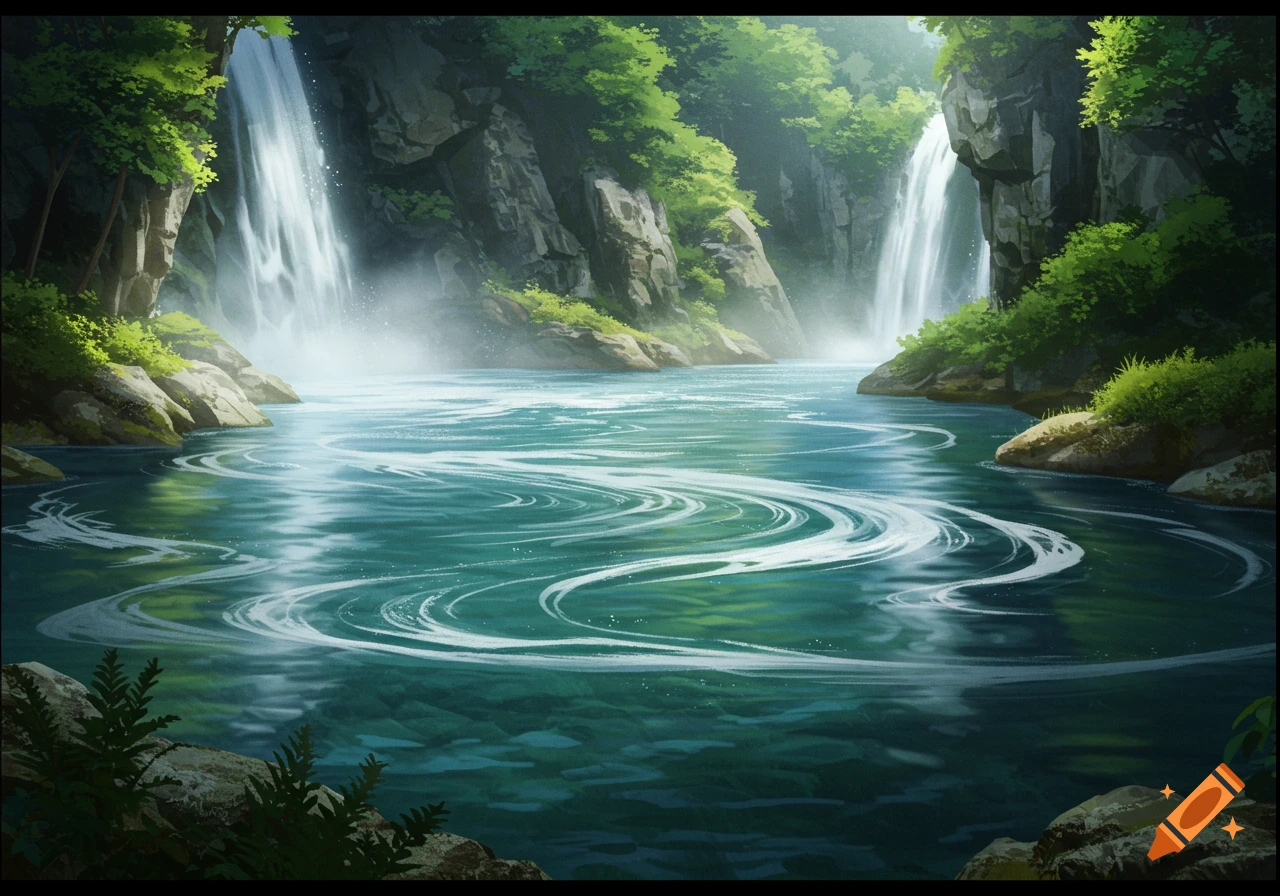 A serene river flows between two waterfalls and lush, rocky cliffs in a vibrant digital painting.