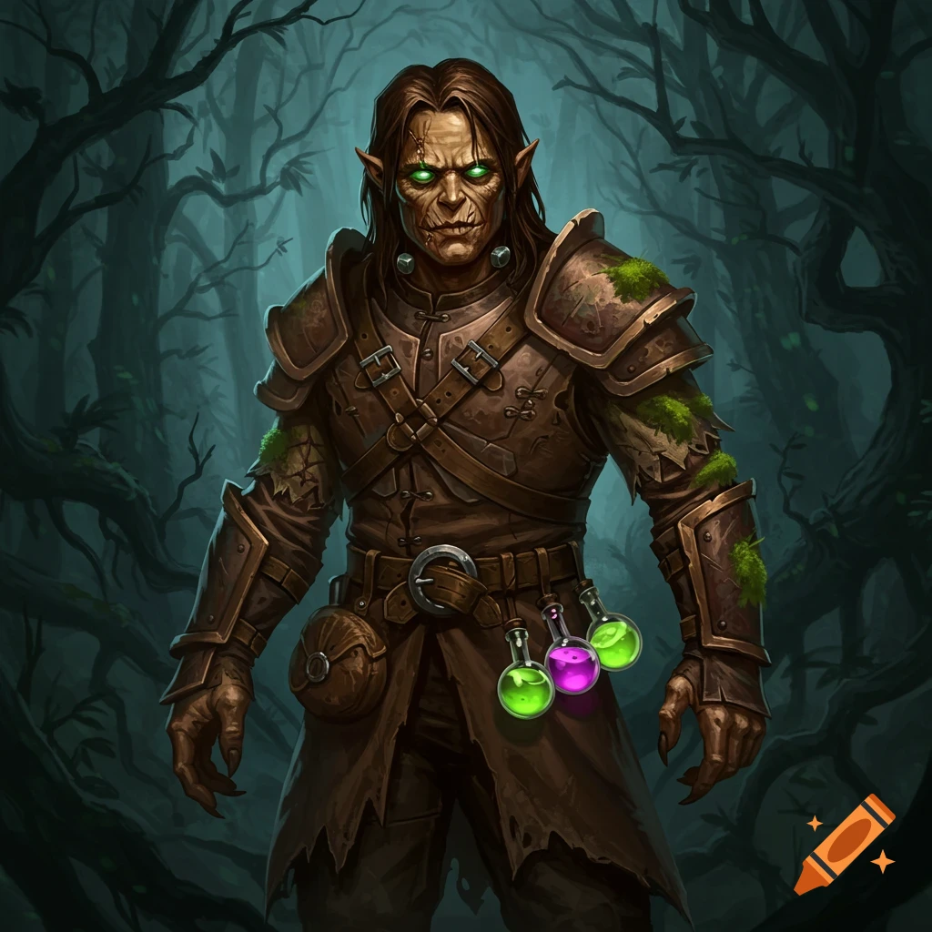 A Frankenstein-like alchemist with cracked skin, glowing green eyes, and moss-covered leather armor, holding three potions at his belt, stands in a dark forest.