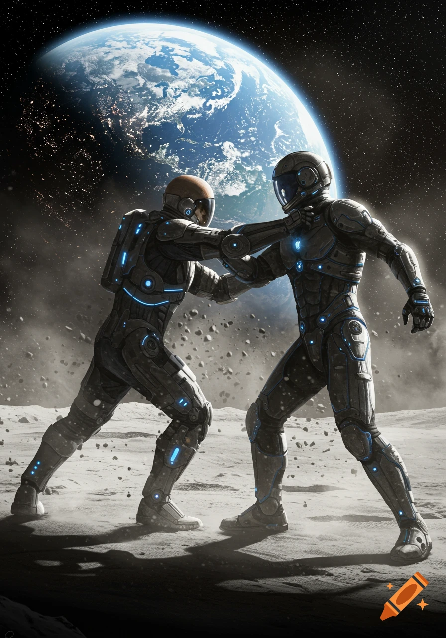 Two astronauts in futuristic suits are fighting on the moon's surface, with a vibrant Earth and stars in the background.