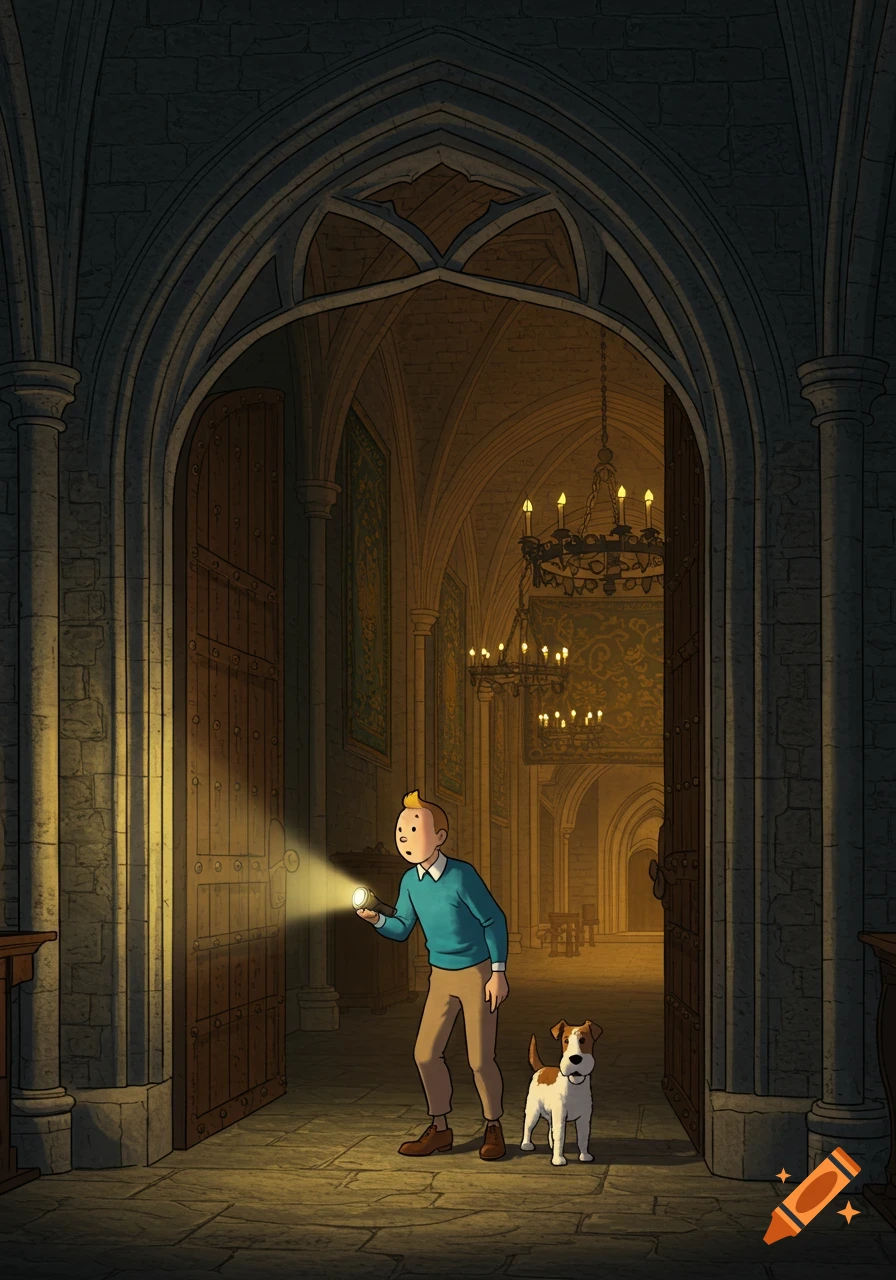Tintin and his dog Milou explore a dimly lit gothic castle hallway with a flashlight, in a comic book style.