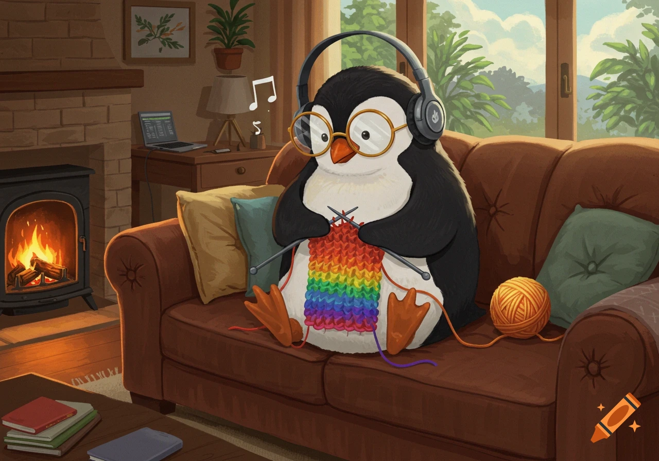 A cartoon penguin wearing glasses and headphones sits on a brown sofa, knitting a rainbow-colored scarf in a cozy living room.