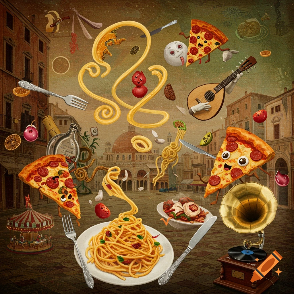 A whimsical, surreal illustration of floating Italian food like pizza and spaghetti with animated faces, alongside a gramophone, mandolin, and buildings in a town square.