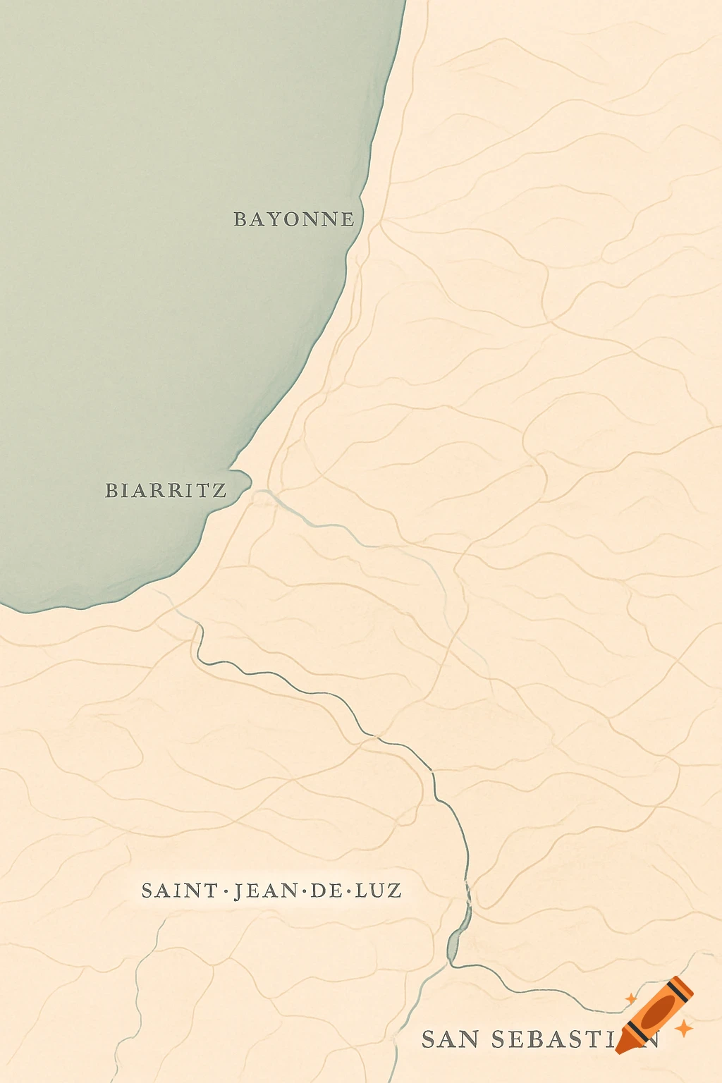 A minimalist map of the Basque coast, featuring cities Bayonne, Biarritz, Saint-Jean-de-Luz, and San Sebastian.