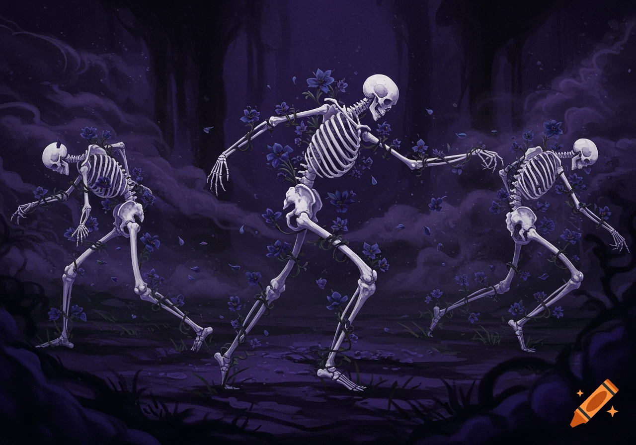 Three skeletons entwined with blue flowers stride through a dark purple, shadowy landscape in an artistic illustration.