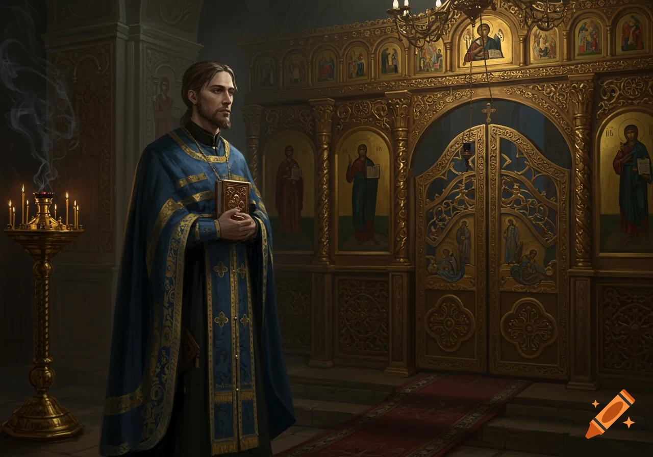 A serious Orthodox priest in blue and gold robes holds a book in a grand church with golden iconostasis and lit candles.