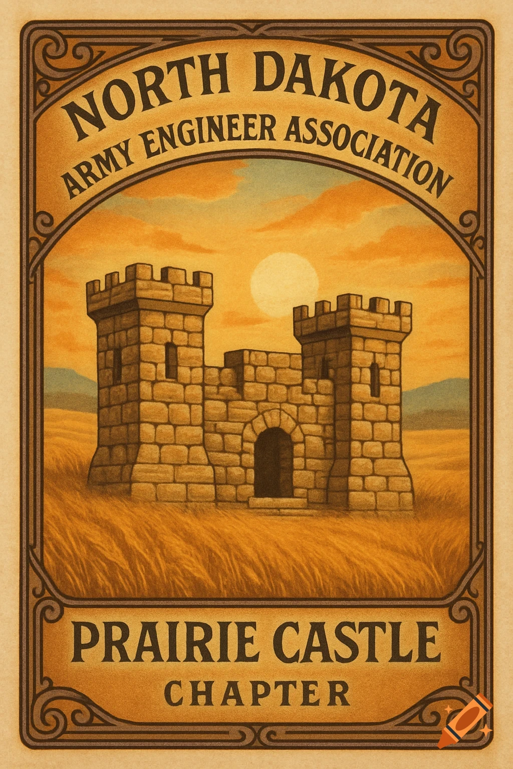 Vintage-style banner with a stone castle in a golden prairie field at sunset, framed by ornate borders. Text: North Dakota Army Engineer Association Prairie Castle Chapter.