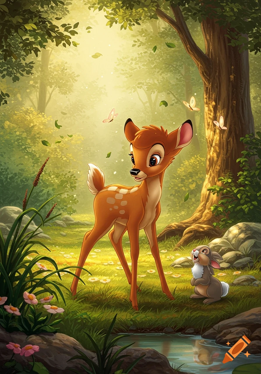 Bambi, a cartoon fawn, stands next to Thumper, a cartoon rabbit, by a small stream in a sunny, vibrant forest.