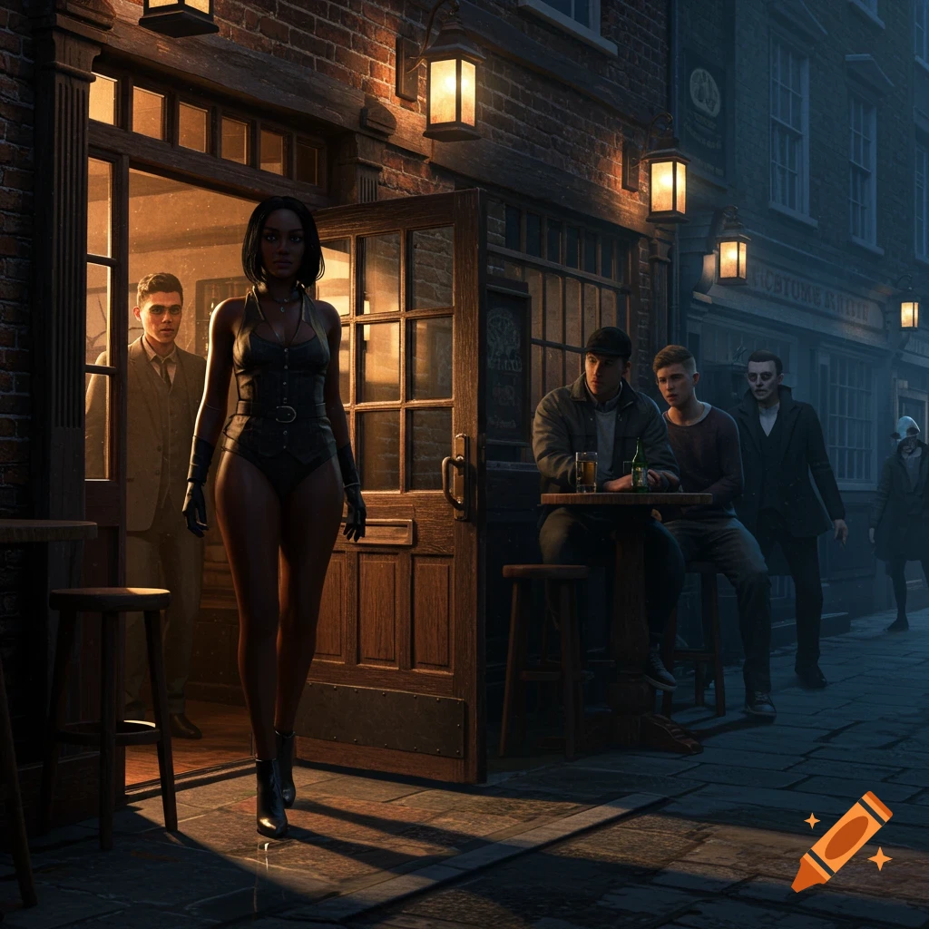 A woman in a black leather outfit walks out of a lit pub at night. Men sit outside, while mysterious figures lurk in the dark street, in a dramatic, photorealistic style.