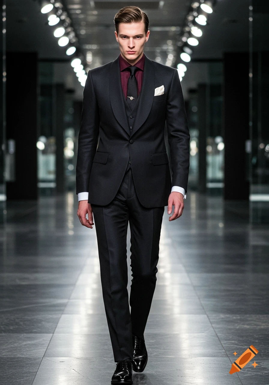 A man in a dark suit with a burgundy shirt and black tie walks down a brightly lit, modern hallway.