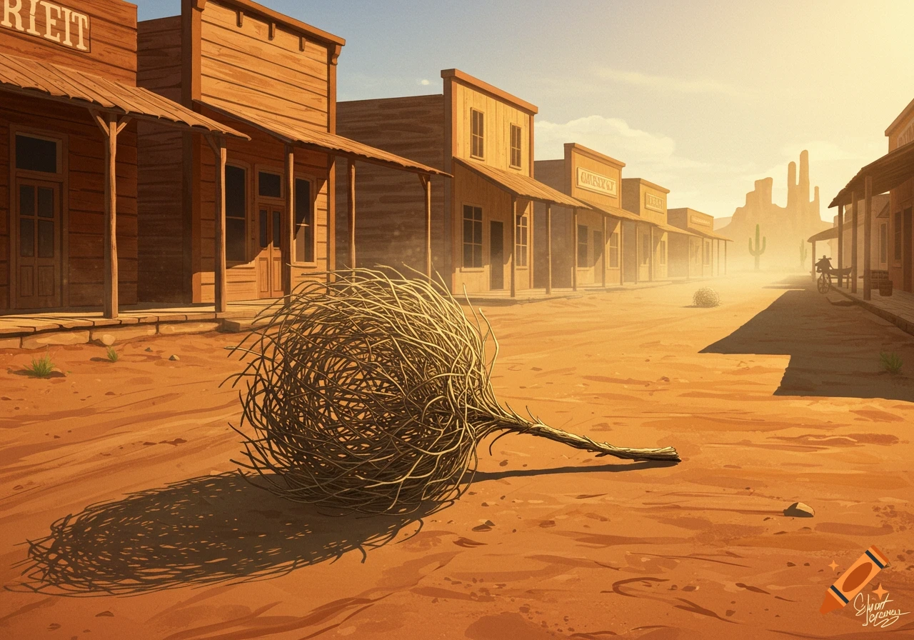 A large tumbleweed rolls down the dusty main street of a deserted old Western town under a sunny sky.