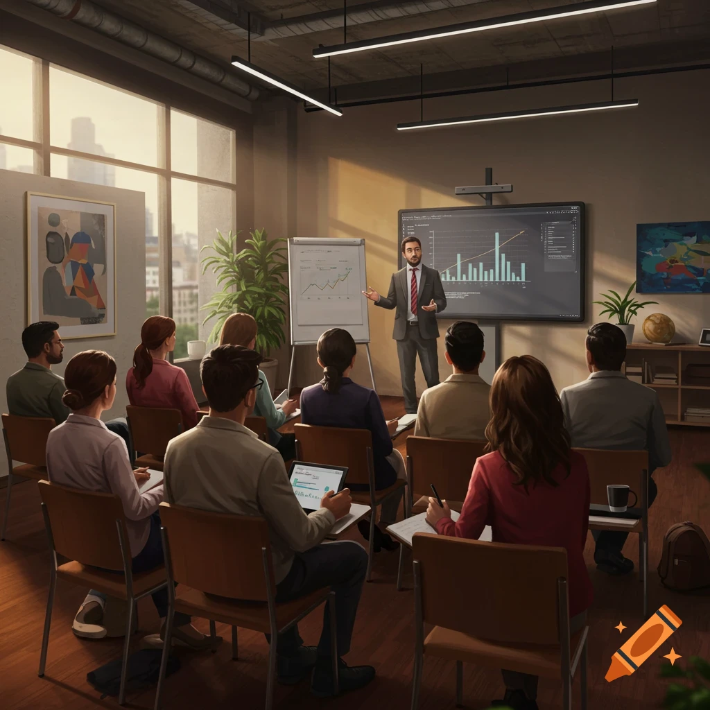 A male presenter speaks to an audience seated in a modern office or classroom, with charts on a whiteboard and a large screen.