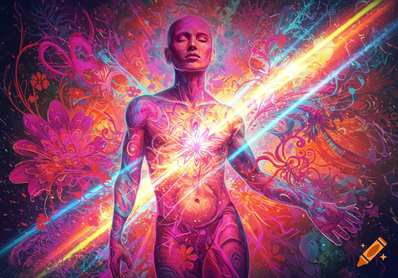 Stylized human figure with closed eyes radiating bright light amidst vibrant, swirling psychedelic patterns.