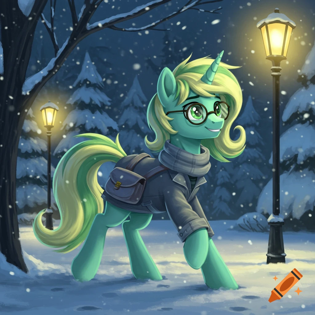 A greenish teal unicorn pony with eyeglasses, scarf, and backpack trots through a snowy winter park under streetlights.