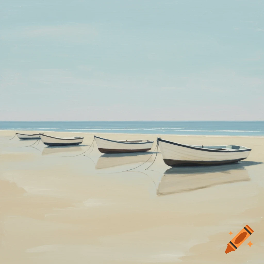 Several white and brown rowboats rest on a wet sandy beach under a light blue sky, in a minimalist painting style.