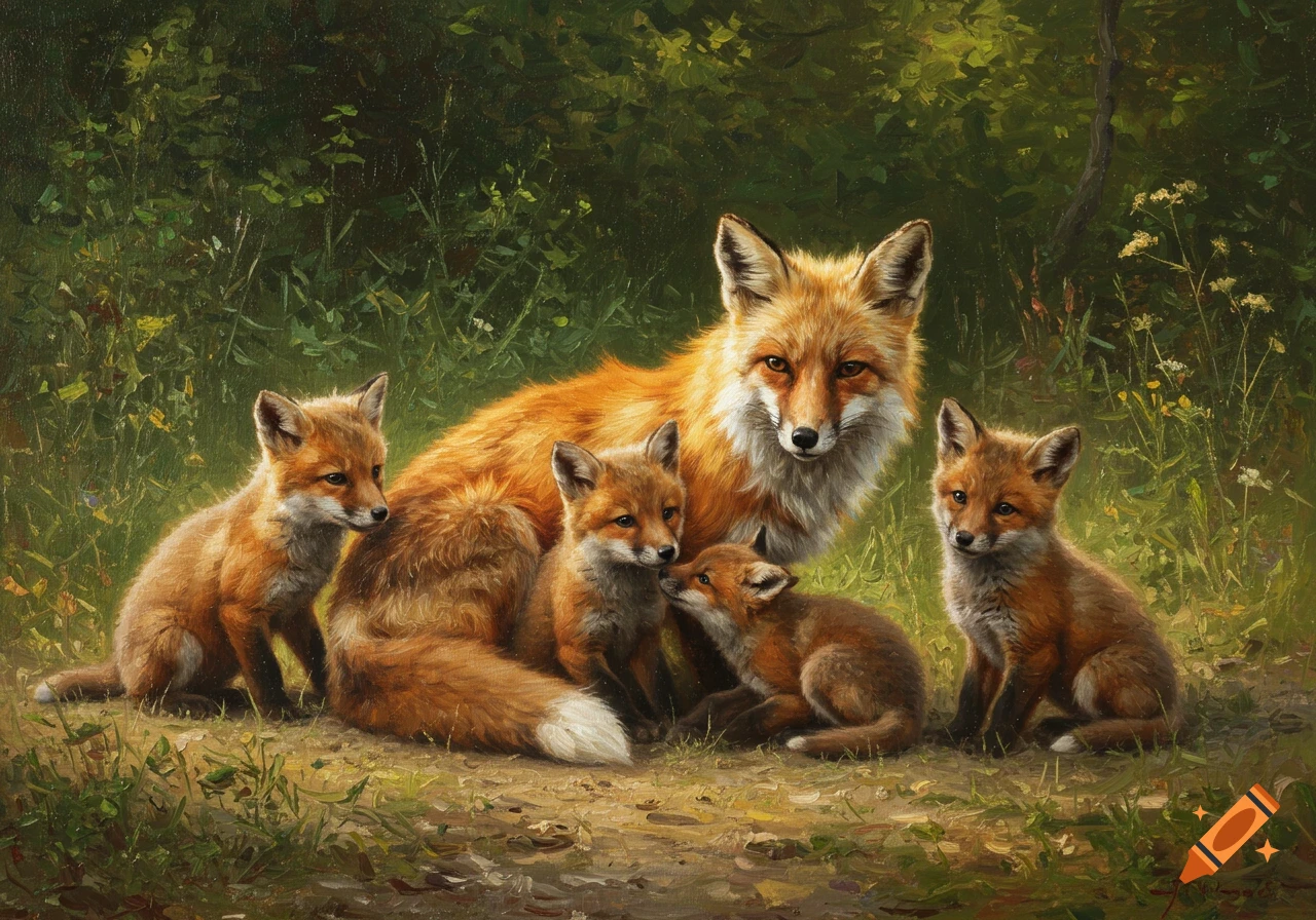 An oil painting of a mother fox with four cubs sitting on a dirt path in a lush green forest.