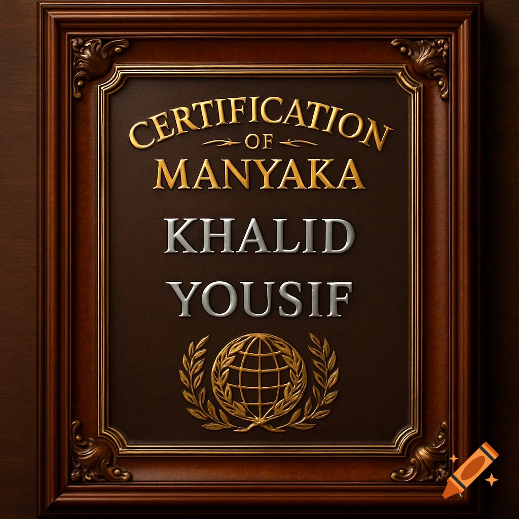A wooden framed certification plaque with a brown background, featuring gold text for 'CERTIFICATION OF MANYAKA' and silver text for 'KHALID YOUSIF', along with a gold globe emblem framed by laurels.